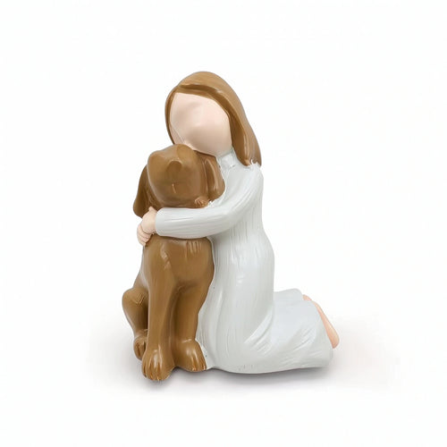 Girl Hugging Dog Figurine Compact Girl Hugging Dog Statue Hand-Painted Look