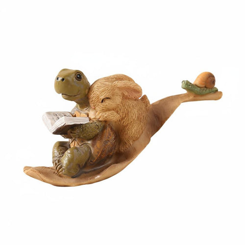 Turtle and Rabbit Reading Figurine Cute Design Desktop Ornament for Planter