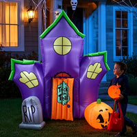 Indoor Outdoor Inflatable House with LED Lights Lighted Haunted House Inflatable Pre-Lit Halloween Decoration Light-up for Families, Yard, Lawn