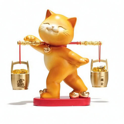 Cat Statue with Hanging Buckets Decorative Sculpture Smiling for Homeowners