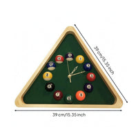 Billiard Rack Wall Clock Green Felt-Like Triangular Pool Clock Gold-Tone Hands for Home Decor
