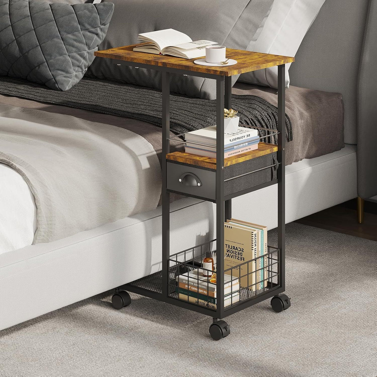 Movable Luxury Small Coffee Table Vintage Side Table C-shaped Storage Rack Trolley with Wheels for Small Apartments