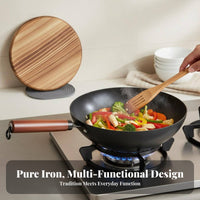 Uncoated Iron Pan Long-Lasting Traditional Iron Wok Hand Crafted Cooking Pan Works on All Stovetops 24cm Small Wok Anti-Scald
