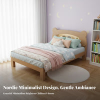 Childrens Wood Bed Built-in Lighting Solid Wood Bed Frame No Box Spring Needed Bedroom Furniture for Guests, Adults, Guest Room, Apartment