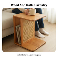 Wheeled Woven-Top End Table Japanese design Sofa Side cart Mobile Design Multi-Functional for Living Room, Entryway, Home Office