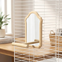 Bird Cage Mirror with Solid Wood Perch, Arched Rectangle Acrylic Bird Mirror Toy and Stand, Enrichment Budgie Accessories, Screw Mount Design