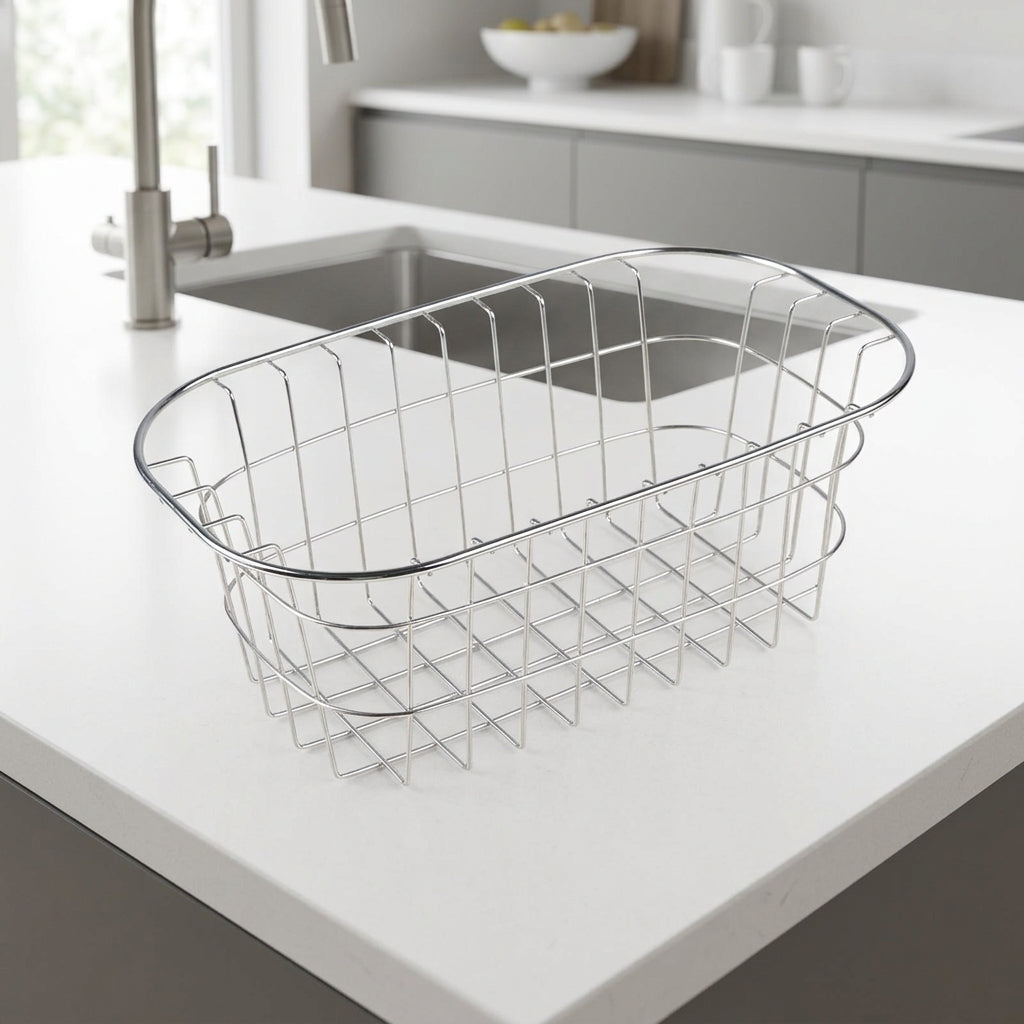Kitchen Sink Colander and Dish Rack, 304 Stainless Steel Thickened Drain Rack, Extendable Wire Grid Sink Colander for Vegetable Washing Basket