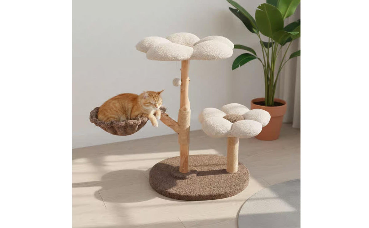 Soft Textile Flower Feline Tree Easy to Clean Wood Feline Tree
