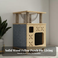 Cat House Cabinet with Scratching Posts Multifunctional Design Wooden Cat Climbing Tree Solid Lumber Wood for Cats, Kittens, Apartments, Indoor