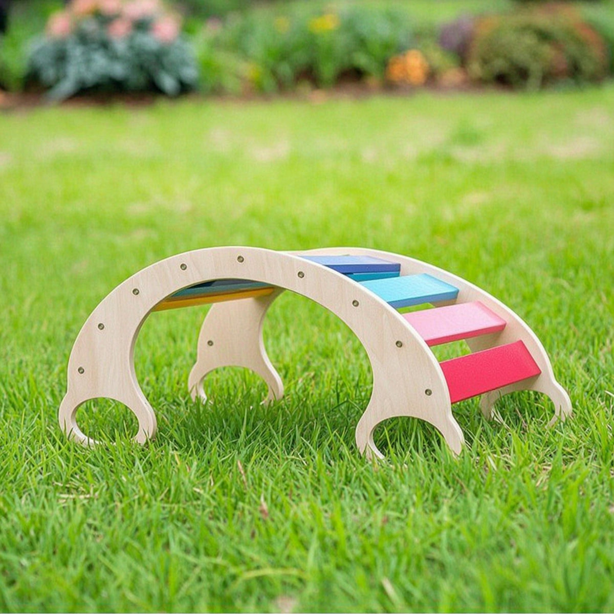 Wooden Climbing Arch Curved Rocking Boat Slatted Balance Board with Slats Natural for Toddlers, Kids, Playroom, Daycare