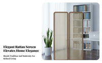 Modern Chinese Aesthetic Arched Top Cane Panel Foldable Design 4-Panel Folding Partition Solid Wood Frame Room Divider Woven Texture for Apartment Dwellers, Home Away Ice Workers, Interior Designers, Entryway, Bedroom