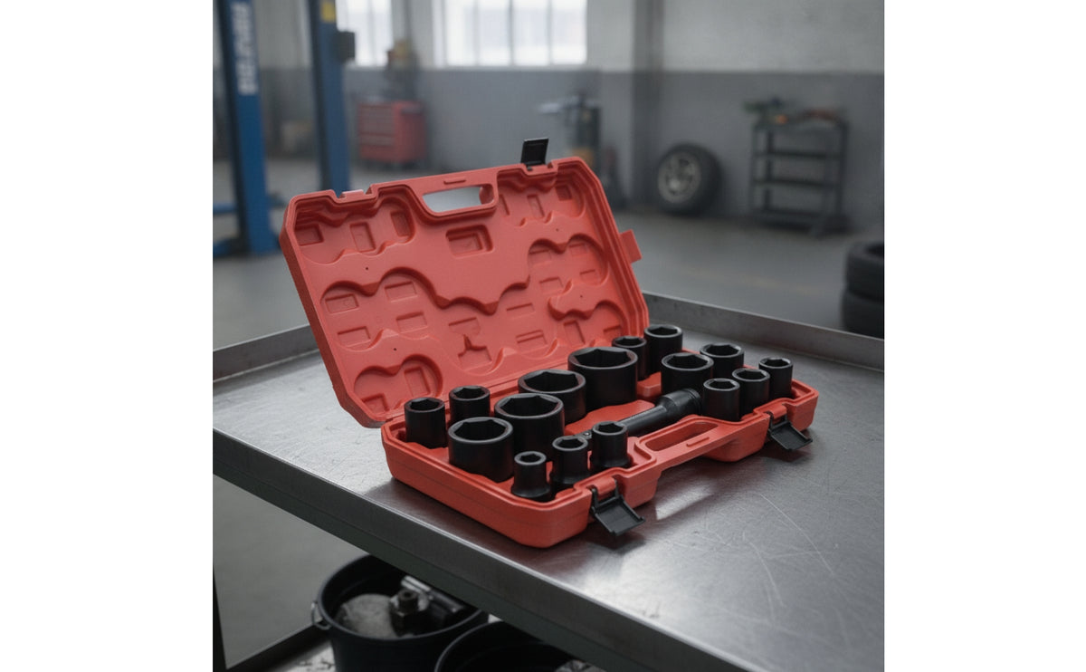 17 Pieces Impact Socket Kit with Case Deep Impact Socket Set 6-Point Tools for Mechanics, Automotive Technicians, Auto Repair Shop, Garage