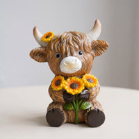 Scottish Cattle Figurine Cute Cow Statue with Flowers Farmhouse Resin Figurine for Collectors, Gardeners, Home Decor, Garden, Bookshelf