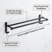 Towel Bar and Bath Holder for Washroom Organization, Wall Mounted Kitchen Rack with Hooks for Travelers, Aluminum Alloy Construction