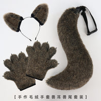 新款狼兽爪手套万圣节毛绒狼耳仿真尾巴兽尾保暖手套cosplay道具