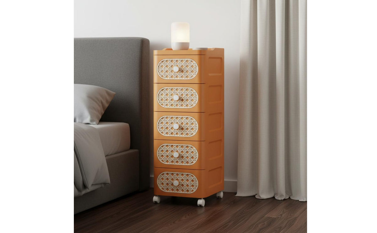 Multi-Drawer Organizer Large Capacity Multi-Layer Organizer Cart Space Saving Rattan Design Nightstand for Students, Bedroom, Living Room, Washroom