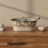 Galvanized Iron Planter with Handles Rustic Oval Metal Planter Embossed Floral Metal Plant Pot with Handles for Balcony