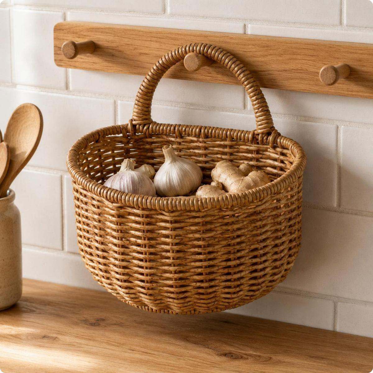 Wicker Wall Basket Rustic Wall Hanging Storage Basket Decorative for Kitchen