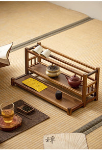 Walnut Wood Two-Tier Tea Set Shelf with Chinese Style