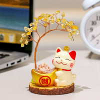 Lucky Cat Natural Crystal Money Tree Figurine, Cute Cat Desk Decor for Home and Office