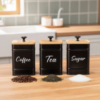3 Pieces Square Airtight Canister Easy to Carry Bamboo Lid Jar Set Iron Body