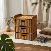 Woven Rattan Storage Cabinet Textured Rattan Nightstand Rounded Edges
