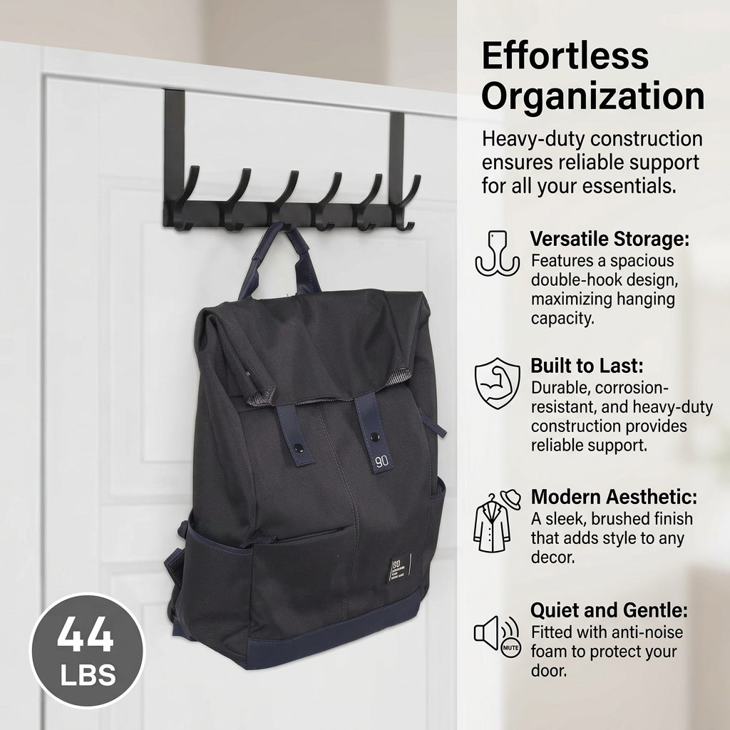 Over Door Hanger for Coats, Bags, Towels, Clothes | Stainless Steel Door Hook Rack | 6 Hooks for Entryway Organization | Heavy Duty Door Hanger |