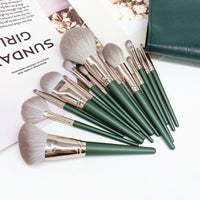 14-Piece Green Cloud Makeup Brush Set with Storage Options
