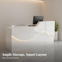 1 Cashier Desk Minimalist Modern Reception Counter Wide Desktop Checkout Table Engineered Wood Structure with High-gloss Finish Suitable for Retail Employees Business Owners Company Entrance