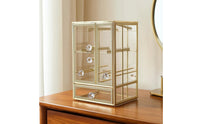 Gold-Toned Jewelry Organizer with Hanging Rods 3-Compartment Jewelry Organizer with Drawers Decorative Transparent for Dresser