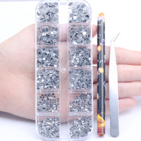 Hotfix Rhinestone Nail Art Kit with Dotting Tool, 12-Grid Box Set for DIY Manicure Decoration