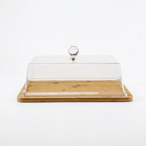Bamboo Food Cover Crystal Knob Acrylic Food Dome for Countertop