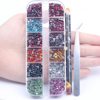 Hotfix Rhinestone Nail Art Kit with Dotting Tool, 12-Grid Box Set for DIY Manicure Decoration