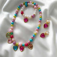 Kids' Heart Gemstone Rainbow Princess Jewelry Set - Necklace, Bracelet & Earrings