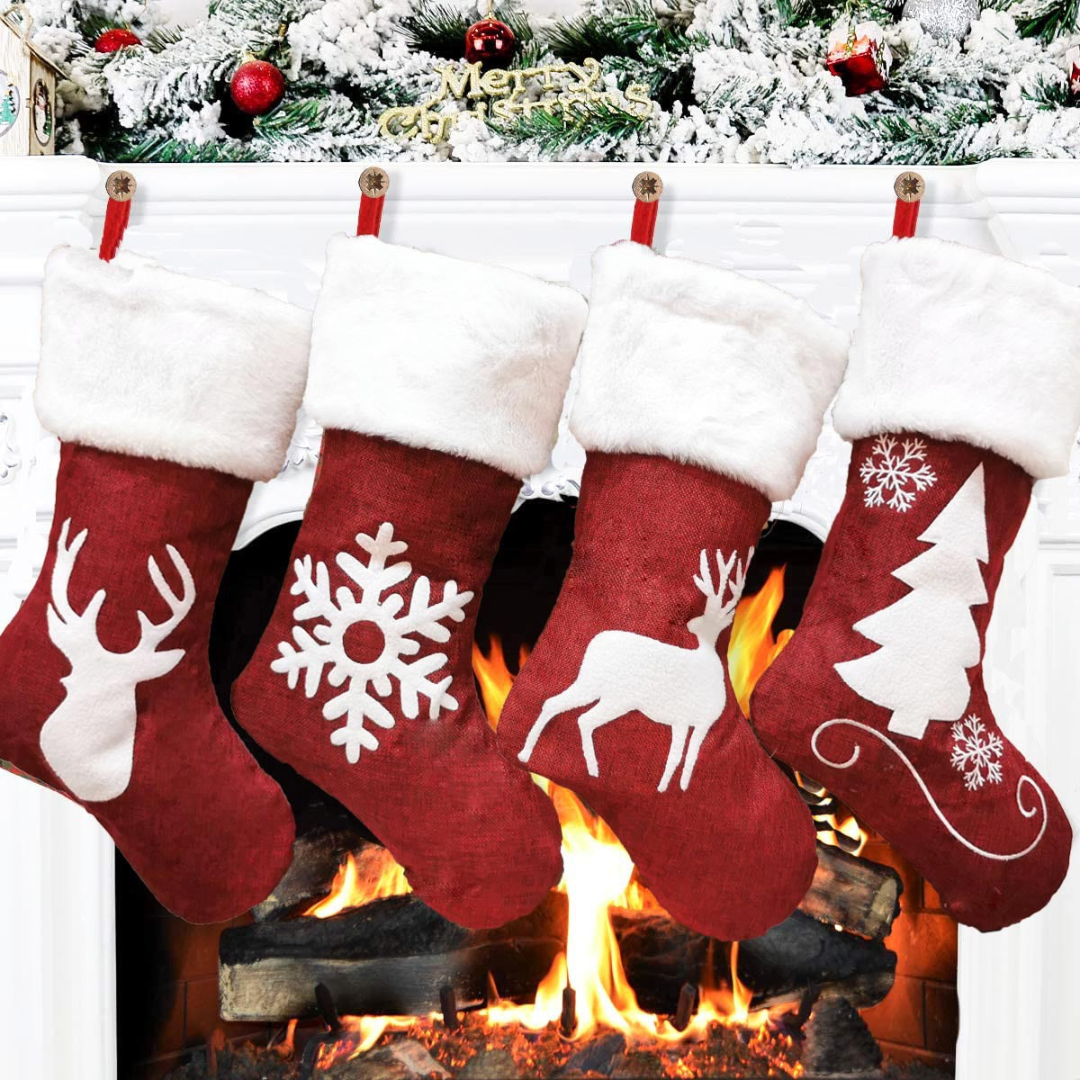 Christmas Stocking Gift Bag with Reindeer Embroidery for Holiday Decor
