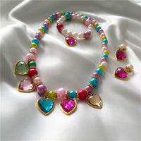 Kids' Heart Gemstone Rainbow Princess Jewelry Set - Necklace, Bracelet & Earrings