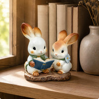 Reading Bunny Statue Desk Display Ceramic Bunny Ornament Hand-Painted Look Hare Figurine for Bookshelf, Living Room