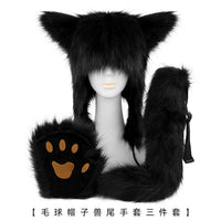 一件代发毛球帽子狐狸尾巴毛绒手指手套 cosplay兽尾道具套装
