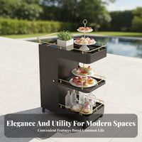Food Service Trolley Heavy Duty Rolling Bar Cart with Cabinet Omni-Directional Rotating Wheels 3-Shelf Service Cart for Restaurant Hotel, Dining Room