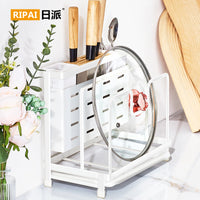 Wall-Mounted Kitchen Knife Storage Rack with Chopstick Holder and Lid Stand, Tabletop, Freestanding, Iron-Wood, No Drilling