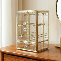 Gold-Toned Jewelry Organizer with Hanging Rods 3-Compartment Jewelry Organizer with Drawers Decorative Transparent for Dresser