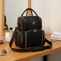 Double Layer Makeup Top Handle Handle Quilted Cosmetic Case Multiple Pockets Train Case for Salon