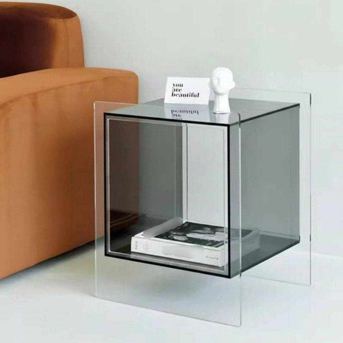 Acrylic Cube End Table Modern Design Nightstand With Storage Shelf for Students