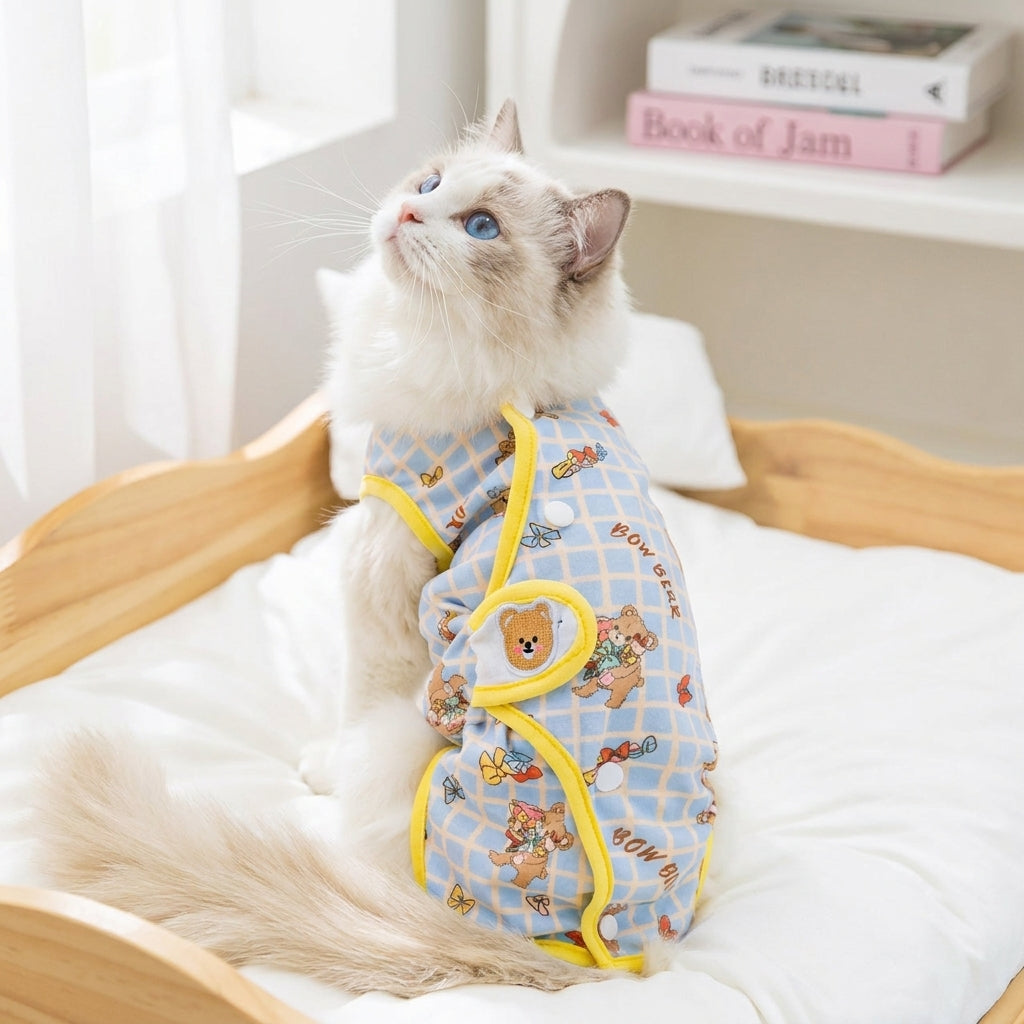 Cat Recovery Suit Post-Surgery Cat Clothing, Spay Neuter Suit Cat with Snap Buttons, Post-Op Cat Wear Four-Legged Design for Anti Licking Stop