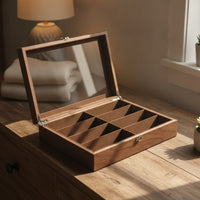 Secure Wood Storage Box with Glass Lid Clear Wooden Box with Glass Lid Hinged 8-Compartment Organizer Rectangular for Hobbyists
