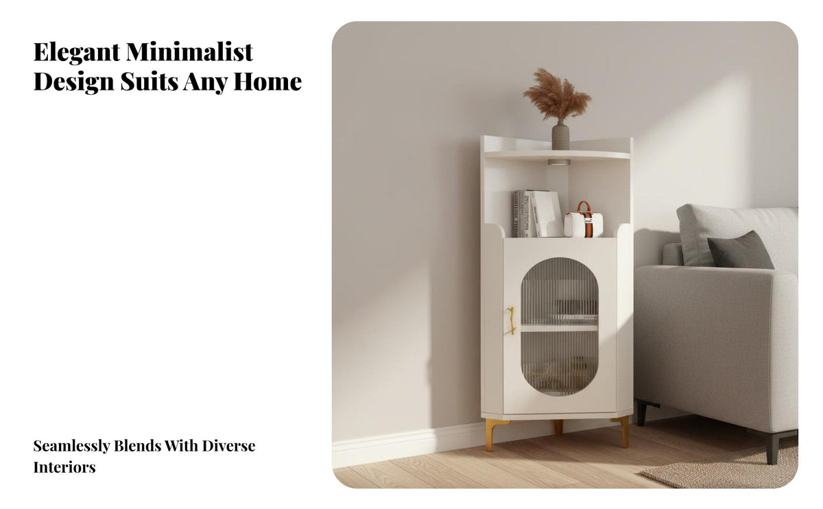 Space-Saving Tall Corner Hutch Stable Structure Tall Single Piece with Door Elegant Design Display Shelf Golden Metal Legs for Apartment Dwellers, Decor Enthusiasts, Living Room, Small Areas, Entryway, Home Office