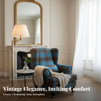 Plaid Side-Wing Armchair Armchair Highspine Design Upholstered Studying Chair Vintage Look Sturdy Wood Frame for Adults, Study