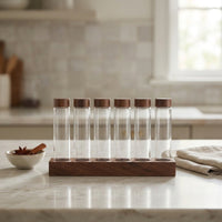 Single-Dose Coffee Bean Display Rack Wooden Coffee Bean Cellar with Wood Base Airtight Glass Tube Holder Countertop for Baristas, Espresso Station