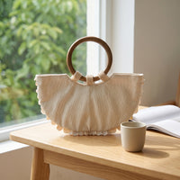 Woven Bag with Wooden Handle Textured Handmade Purse Semi-Circular Handbag Beaded Shell Embellished Bag Artisanal for Women