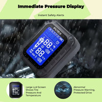 Motorcycle Tire Pressure tracking System, cordless TPMS, live LCD display, waterproof, temperature alarm, compatible with multiple design S of S designs.